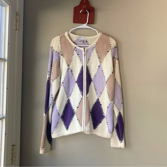 Vintage Dressbarn Abstract Diamond Knit Granny Zip Up Sweater L - Picture 2 of 7
